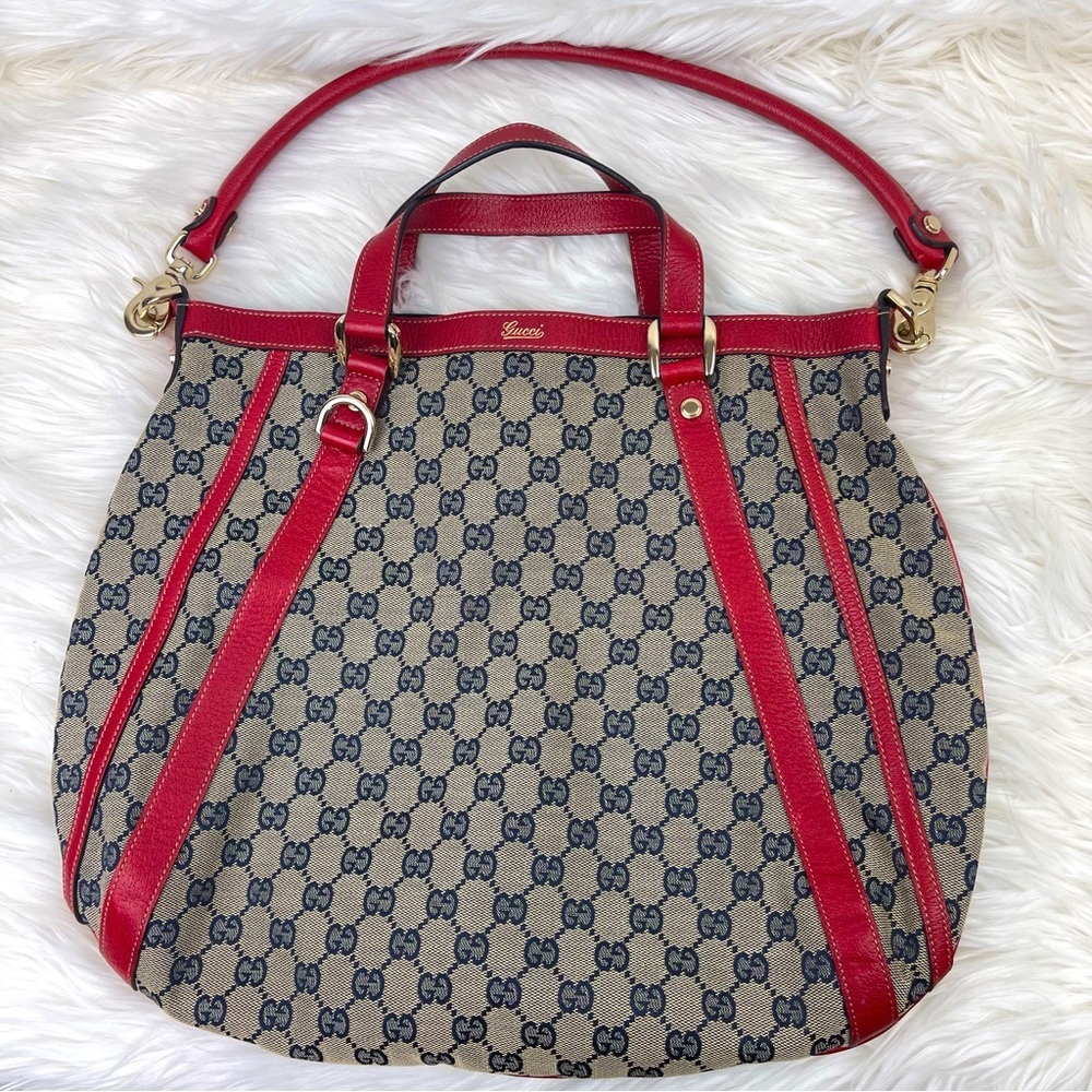 GUCCI Red & Blue GG Canvas and Leather Abbey Two Way Hobo Bag